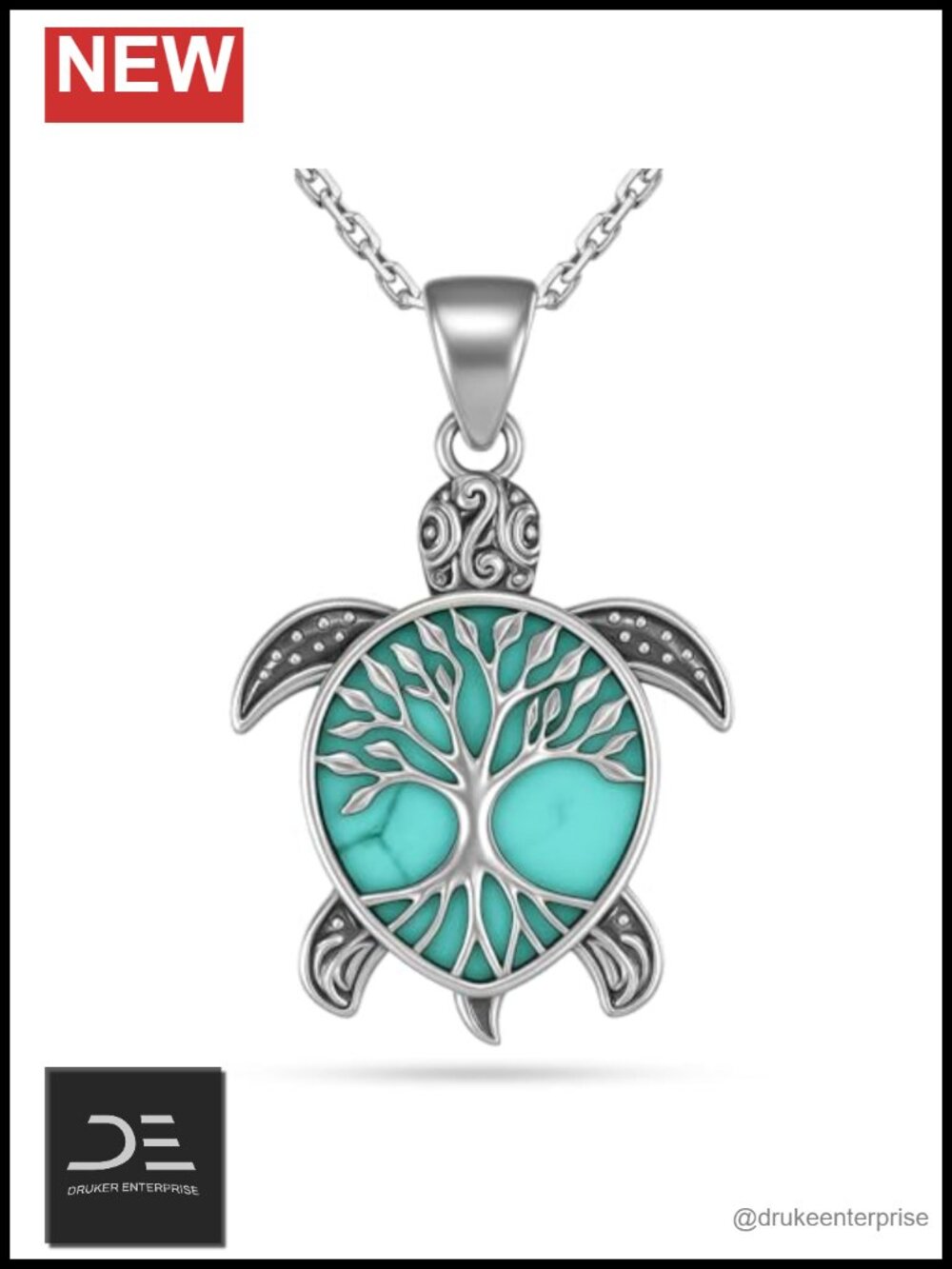 Sterling Silver Turquoise Turtle Pendant Necklace 18in Tree of Life